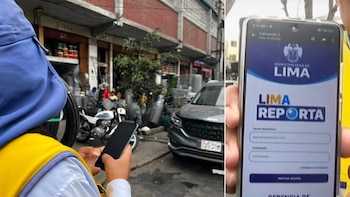 Primer plano de una persona con chaleco amarillo usando un smartphone, y un teléfono mostrando la app "Lima Reporta" de la Municipalidad de Lima