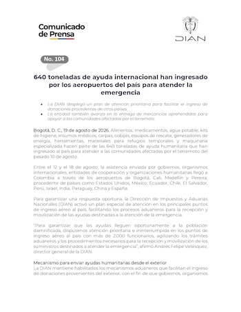 La Dian desplegó un plan de atención prioritaria para facilitar el ingreso de donaciones procedentes de otros países - crédito Dian