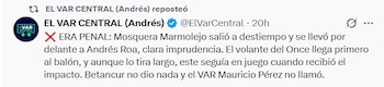 Otro analista que coincidió. Este es el Var Central, quien también afirmó que a Once Caldas le dejaron de pitar un penal en el partido ante Independiente Santa Fe - crédito @elvbarcentral_X