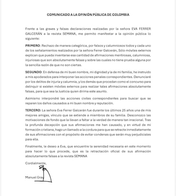 El comunicado de Manel Grau se reveló la mañana del miércoles 14 de octubre, luego de las declaraciones de Ferrer, que se difundieron la mañana del sábado 10 de octubre de 2026 - crédito @ricarospina/X