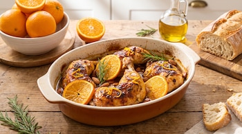 Bandeja con pollo asado, rodajas y cáscara de naranja, romero, almendras. Mesa de madera con pan, naranjas y botella de aceite.