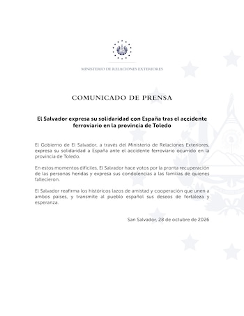 El comunicado, emitido en San Salvador el 28 de octubre, transmite condolencias a las familias de las víctimas fatales e incluye votos por la recuperación de los heridos en el siniestro.
