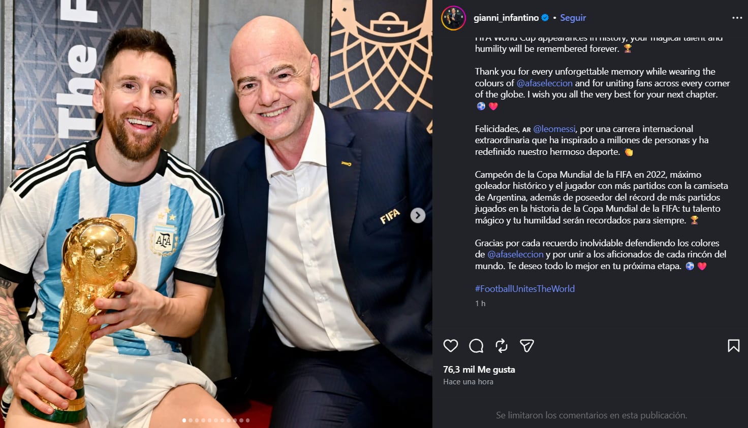 El posteo de Gianni Infantino