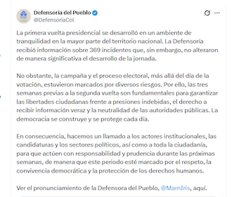 La Defensoría del Pueblo entregó balance de la jornada electoral del 31 de mayo - crédito @DefensoriaCol/X