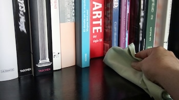 Una mano sostiene un paño verde claro y limpia la superficie de una estantería oscura. Detrás, se ven lomos de libros de diversos colores como blanco, negro, rojo y azul.