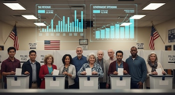 Diez votantes de diversas edades y etnias se paran detrás de urnas en un centro de votación, con banderas de EE. UU. y gráficos económicos digitales proyectados al fondo.