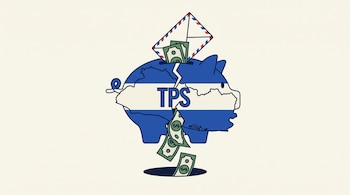 Alcancía azul con el mapa de El Salvador, la sigla TPS y una grieta por donde caen billetes de dólar que salen de un sobre.