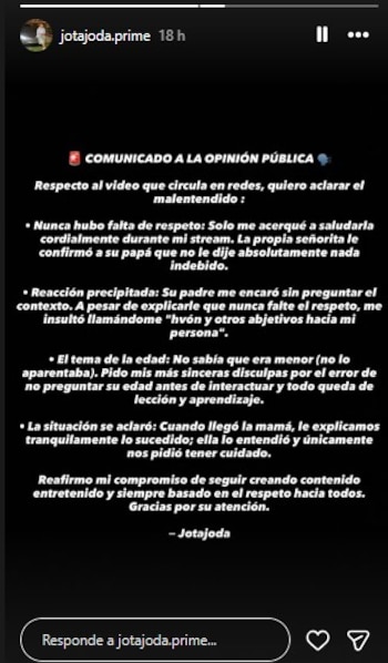 Captura de pantalla de un comunicado oficial del streamer Jotajoda.prime en Instagram, con texto blanco sobre fondo negro, explicando un incidente