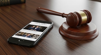 Un teléfono móvil negro con pantalla de "Legal News" encendida junto a un mazo de madera con base redonda sobre una mesa de madera.