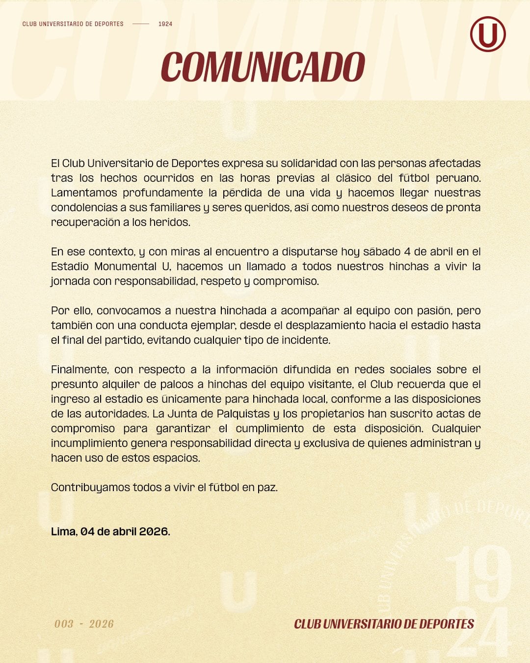 Comunicado de Universitario sobre la tragedia en Matute.