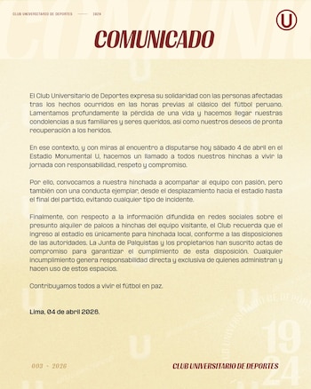 Comunicado de Universitario sobre la tragedia en Matute.