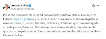 El gobernador de Antioquia, Andrés Julián Rendón, anunció una demanda de nulidad con solicitud de medida cautelar ante el Consejo de Estado - crédito @AndresJRendonC/X
