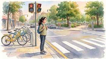 Ilustración en acuarela de una niña con mochila frente a un paso peatonal, un semáforo, bicicletas aparcadas y un parque al fondo.