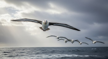 Un albatros grande vuela de frente, seguido por cinco albatros más pequeños en fila sobre olas del océano bajo un cielo nublado y dinámico.