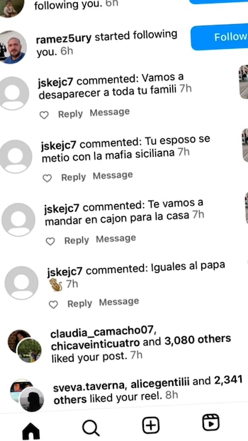 Captura de pantalla de un feed de Instagram mostrando varios comentarios en español con amenazas de muerte como 'Vamos a desaparecer a toda tu famili'