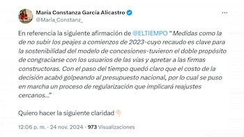 Ministra de Transporte reiteró que la decisión de no aumentar peajes en 2023 respondió a la necesidad de proteger a los hogares ante el aumento del IPC, destacando la importancia de un enfoque gradual para los ajustes actuales - crédito @Maria_Constanz_/X