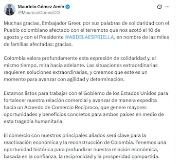 Mauricio Gómez Amín, ministro de Comercio, Industria y Turismo, dijo que Colombia está lista para fortalecer la relación comercial con Estados Unidos - crédito @MauricioGomezCO/X