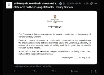 A Embaixada da Colômbia em Washington destacou que Lindsey Graham tem contribuído para a cooperação bilateral em segurança, estabilidade regional e luta contra o crime organizado - crédito
