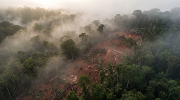 Vista aérea de un terreno deforestado con tierra rojiza y troncos caídos en medio de un bosque denso con niebla.