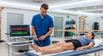 Un fisioterapeuta coloca sensores eléctricos de superficie en las piernas de una mujer tumbada. En un monitor cercano se ven gráficos biomédicos.