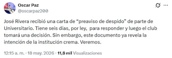 La drástica medida de la directiva de Universitario con el 'Tunche' Rivera tras polémico gesto con la camiseta 'crema'. - captura: Twitter Óscar Paz