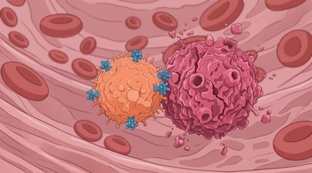 Ilustración de una esfera naranja con proteínas azules junto a una célula rosada que se fragmenta, rodeadas de glóbulos rojos.
