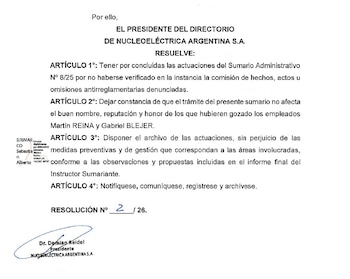 Resolución firmada por Demian Reidel