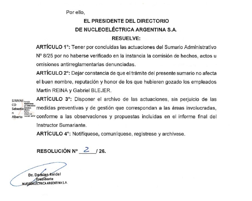 Resolución firmada por Demian Reidel