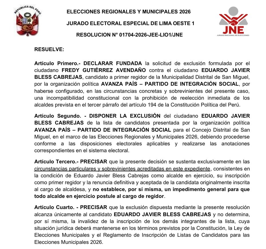 Una resolución del Jurado Electoral Especial de Lima Oeste 1 dispone la exclusión del candidato Eduardo Bless Cabrejas de las Elecciones Regionales y Municipales 2026 en Perú.