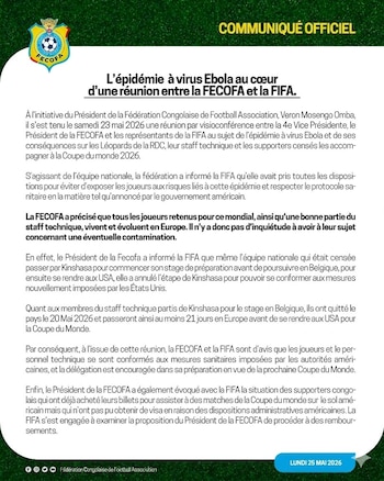 Comunicado de la Federación Congoleña de Fútbol tras la reunión con la FIFA por la epidemia de ébola en el país - crédito Fecofa