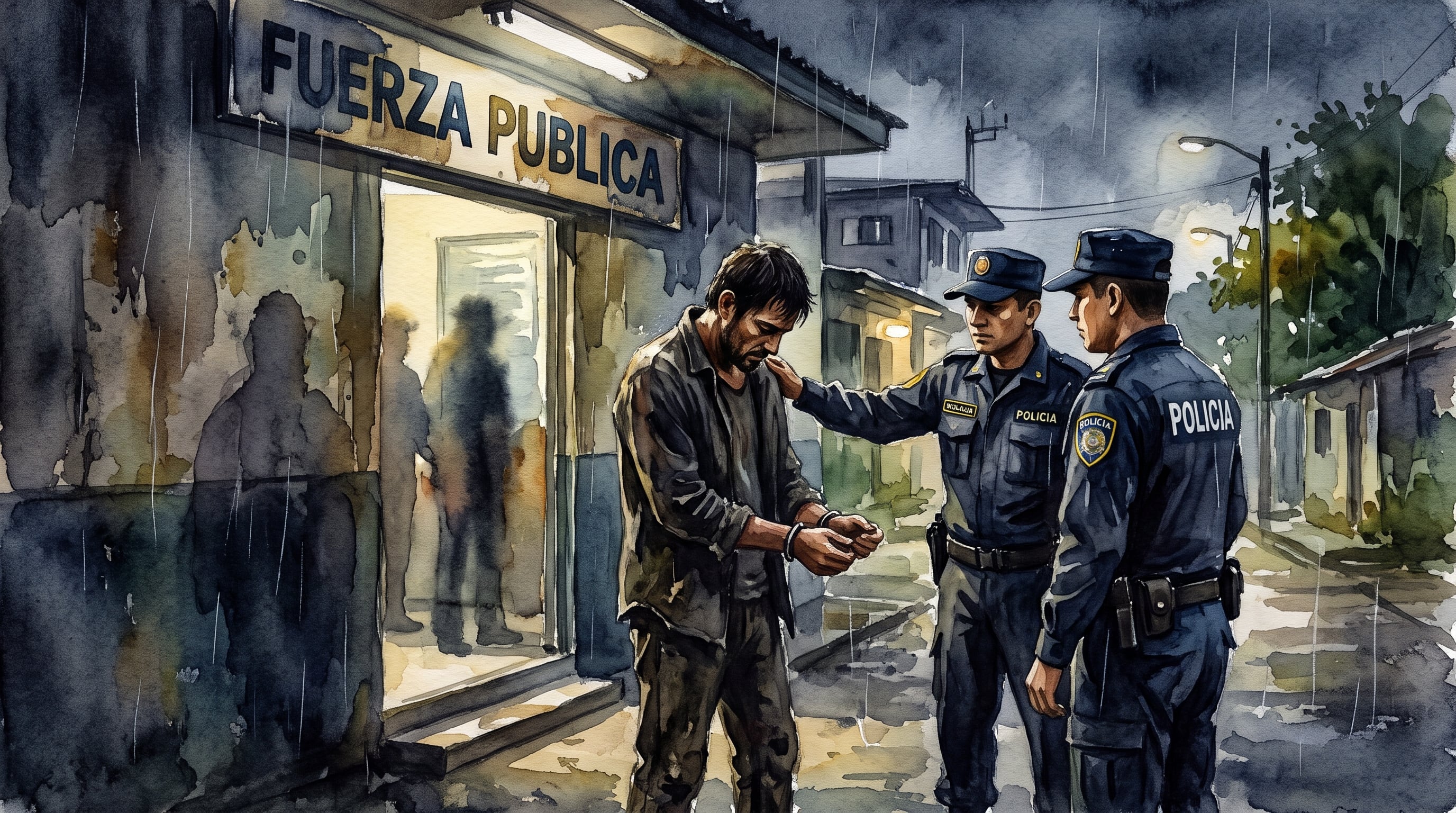 Un hombre esposado se entrega a dos agentes de la Fuerza Pública frente a una delegación policial de Costa Rica. (Imagen Ilustrativa Infobae)