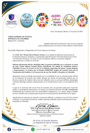 En la carta se solicitó que las actuaciones judiciales se desarrollen con imparcialidad, transparencia y pleno respeto por las garantías del debido proceso - crédito X