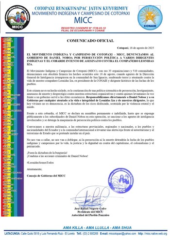 El comunicado del Movimiento Indígena