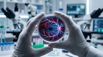 Una mano enguantada sujeta una placa de Petri que contiene un organoide de ojo humano con vasos sanguíneos luminosos rojos y azules.