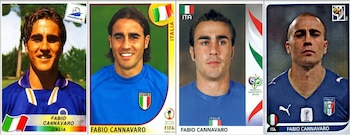 Cuatro figuritas de fútbol de Fabio Cannavaro, mostrando su rostro desde joven con cabello largo hasta más mayor con cabello rapado, vistiendo camisetas de Italia