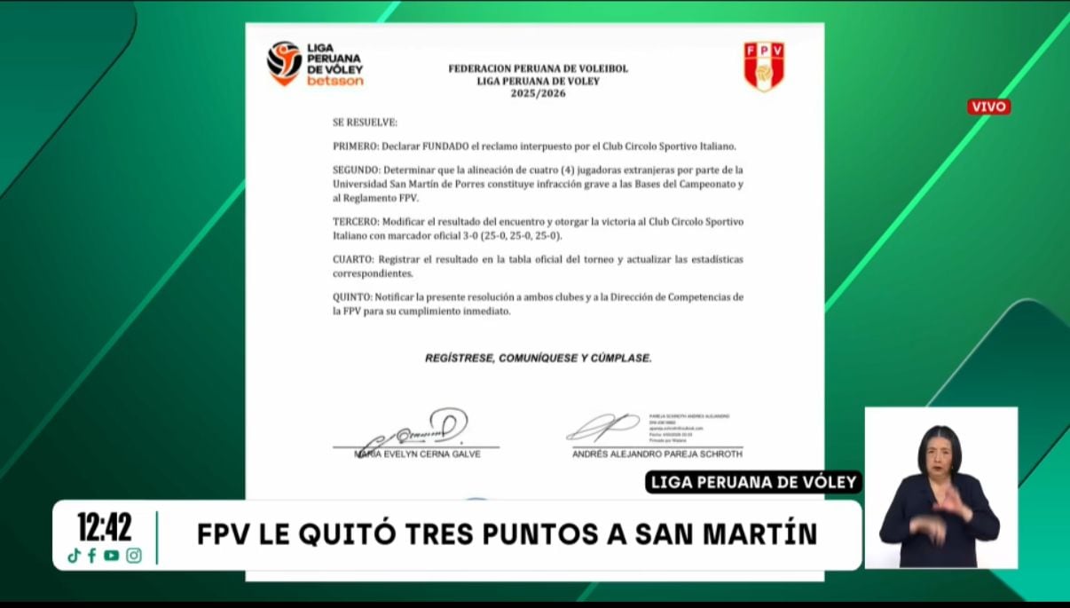 Resolución de la FPV, dándole los puntos a Circolo tras reclamo contra San Martín.