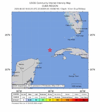 Mapa sísmico de la región de Cuba mostrando el epicentro de un sismo M6.1 con estrella roja, Península de Yucatán, Cuba, Florida y escala de intensidad