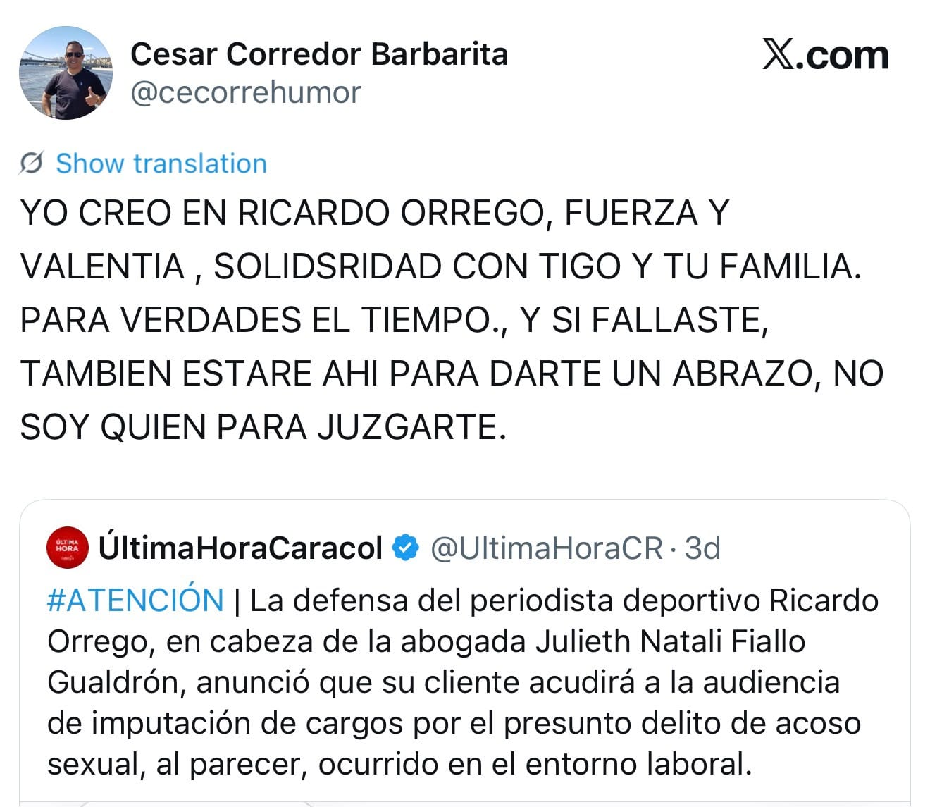César Corredor, conocido como Barbarita, expresó su respaldo a Ricardo Orrego - crédito @cecorrehumor / X