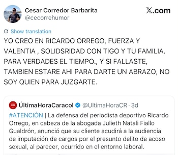 César Corredor, conocido como Barbarita, expresó su respaldo a Ricardo Orrego - crédito @cecorrehumor / X