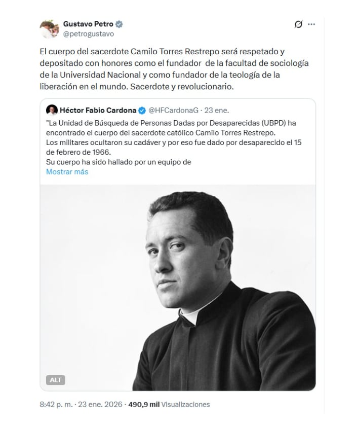 Este fue el mensaje del pasado 23 de enero del presidente Gustavo Petro sobre los restos del sacerdote Camilo Torres, que fue integrante del ELN - crédito @petrogustavo/X