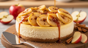 Cheesecake de manzana con rodajas caramelizadas y salsa de caramelo en una tabla de madera, con manzanas frescas, canela y una pala de postre a su alrededor.