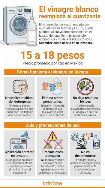 Infografía con una lavadora, una botella de vinagre, el precio promedio por litro en México y seis secciones explicativas con ilustraciones.