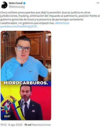 Beto Coral criticó el inicio del gobierno de Abelardo de la Espriella y cuestionó sus primeras decisiones presidenciales - crédito @Betocoralg/X