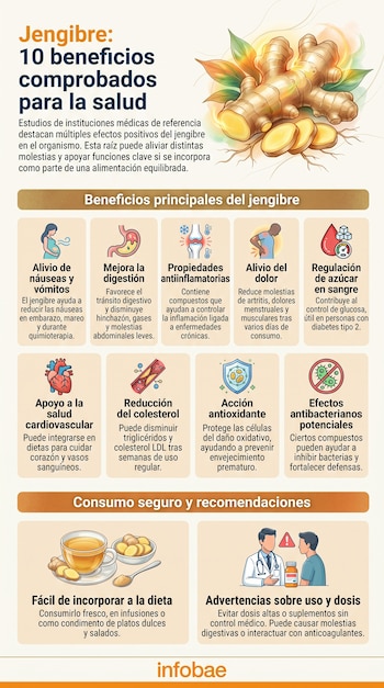 Infografía con el título 'Jengibre: 10 beneficios comprobados para la salud', mostrando ilustraciones de la raíz de jengibre, una taza de té y pictogramas sobre diversos beneficios para la salud.