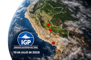 Mapa satelital del Perú, tres puntos rojos, logo del Instituto Geofísico del Perú y la fecha 10 de julio de 2026.