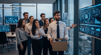 Un grupo de siete jóvenes empleados en una oficina moderna observa una gran pantalla con gráficos de IA; un hombre al frente sostiene una caja con pertenencias.