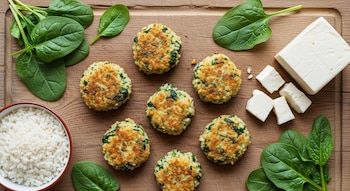 Toma cenital de siete croquetas de arroz y espinaca en una bandeja de madera, con espinaca fresca, un tazón de arroz y queso.