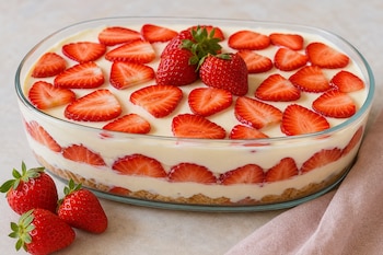 Recipiente de vidrio con un postre de crema y fresas en rodajas, acompañado por tres fresas enteras en la mesa.