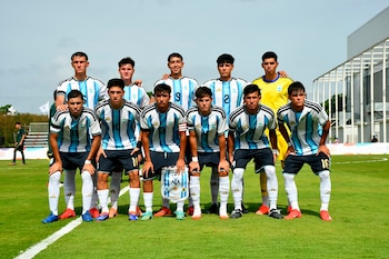 Diez jóvenes futbolistas de Argentina, con camisetas a rayas celestes y blancas, posan en un campo de césped. Un jugador sostiene un banderín AFA