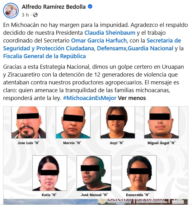 Las detenciones ocurrieron tras una serie de cateos simultáneos en dos municipios clave de la región, donde operaban células criminales dedicadas a la extorsión del sector aguacatero. Crédito: Especial